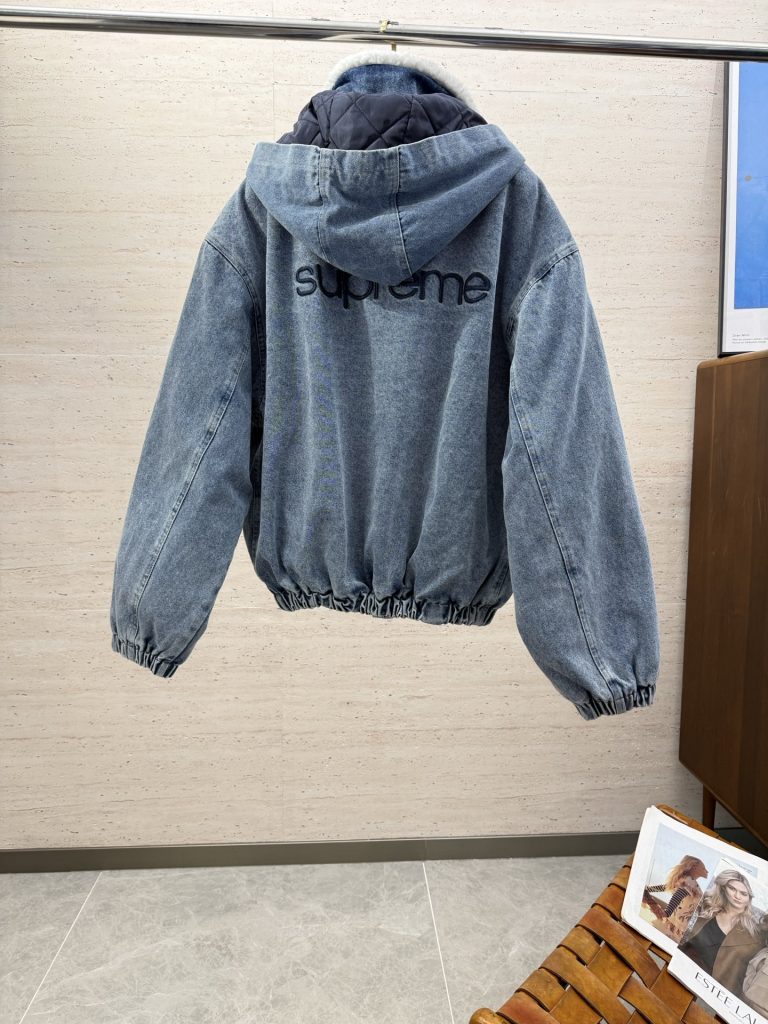 Supreme スーパー デニムジャケット 本革 ファー付き シルク ブルー - 画像 7