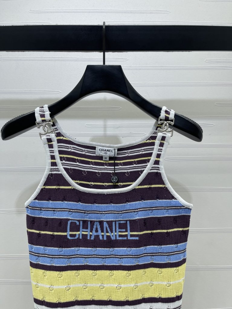 CHANEL シャネル ニット レディース タンクトップ 条纹 ロゴ ブラック ホワイト ブルー イエロー - 画像 3