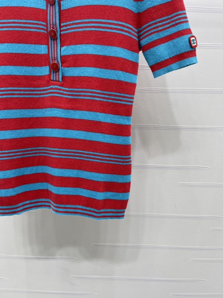 CHANEL シャネル ニット Tシャツ レディース 半開襟 ロング丈 撞色ストライプ レッドブルー - 画像 7