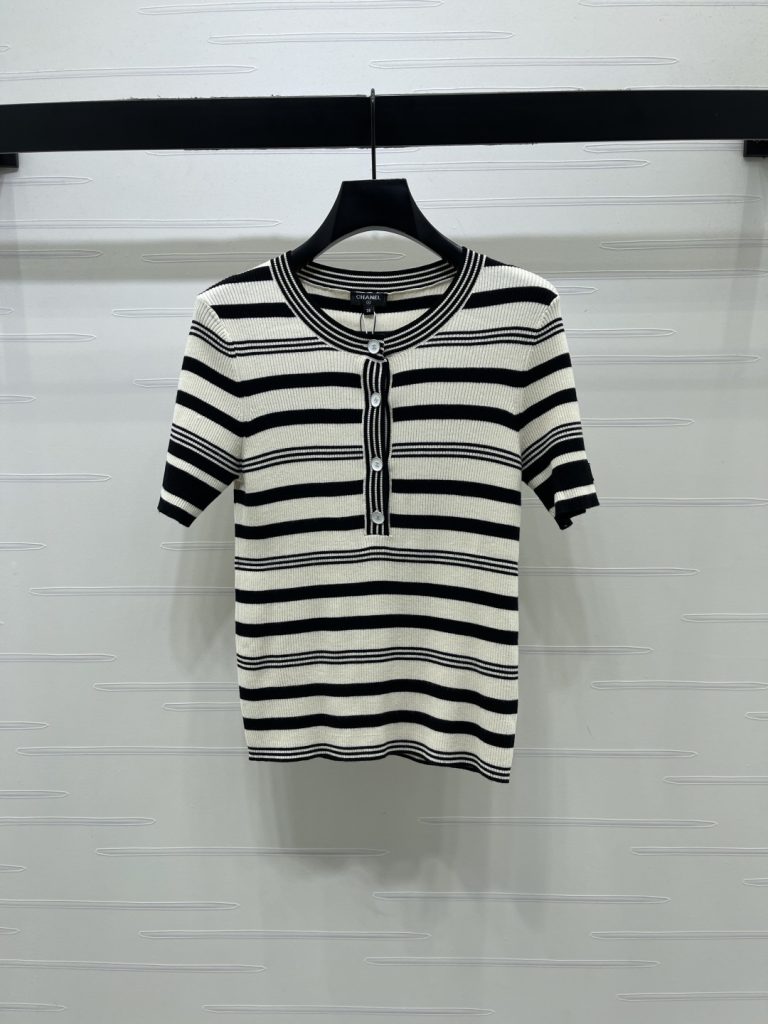 CHANEL シャネル ニット Tシャツ レディース 半開襟 撞色ストライプ ファッション 2色展開 - 画像 2