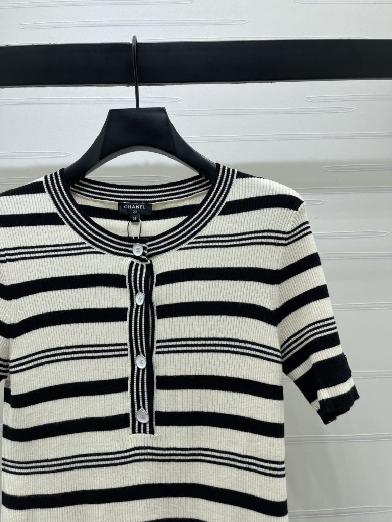 CHANEL シャネル ニット Tシャツ レディース 半開襟 撞色ストライプ ファッション 2色展開 - 画像 3