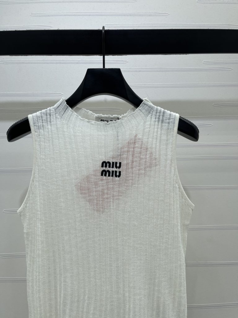 MIU MIU ミウミウ ニット タンクトップ 女性用 縦坑条 ロゴ刺繍 レイヤード 白・グレー 全2色 - 画像 3