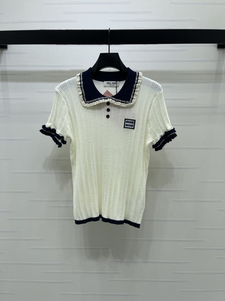 MIU MIU ミウミウ ニット Tシャツ レディース ポロカラ フリル袖 チェック柄 2色展開 - 画像 2