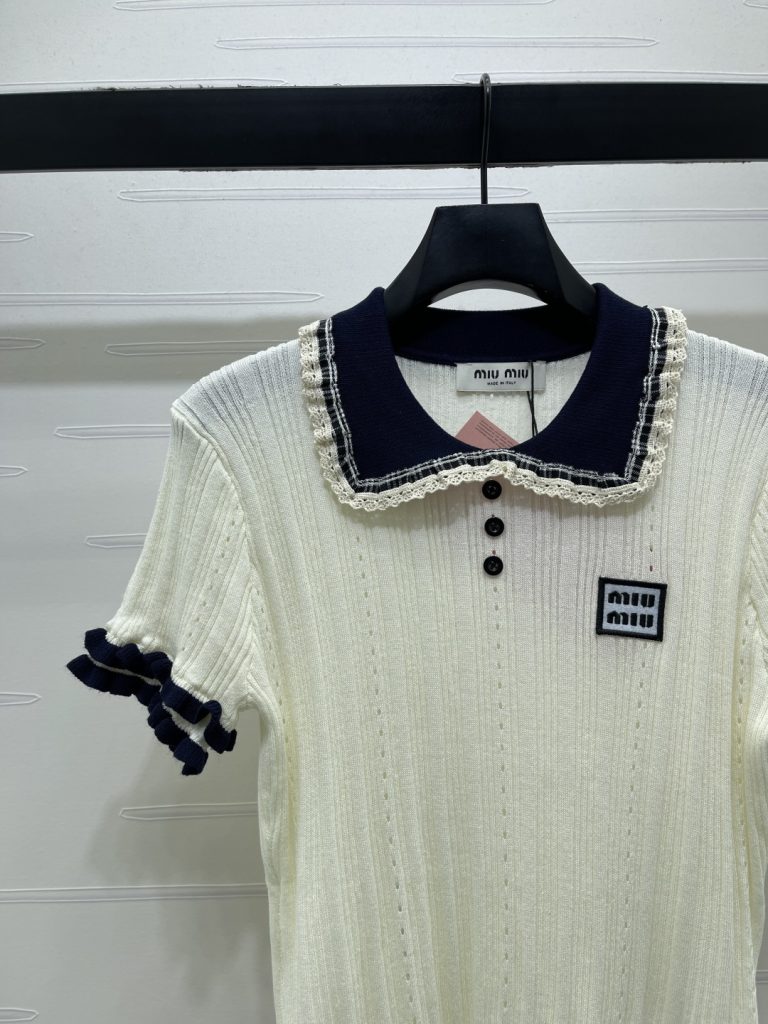 MIU MIU ミウミウ ニット Tシャツ レディース ポロカラ フリル袖 チェック柄 2色展開 - 画像 4