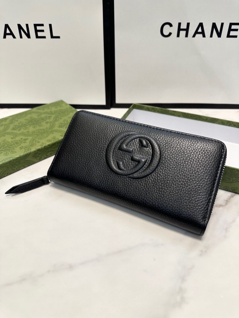 P100 ピンク グッチ ロングジップウォレット ブラック 21x11cm 本革仕様 - 画像 6