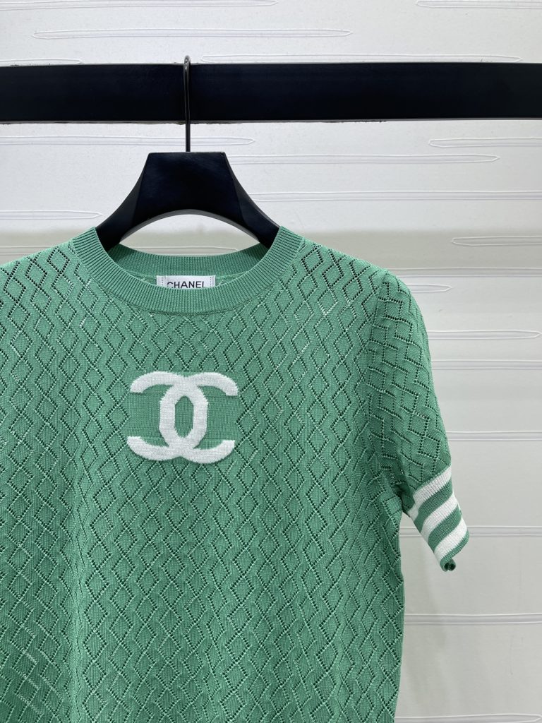 CHANEL ニット ロゴTシャツ コピー 菱格柄 半袖 緑 レディース 3色展開 - 画像 2