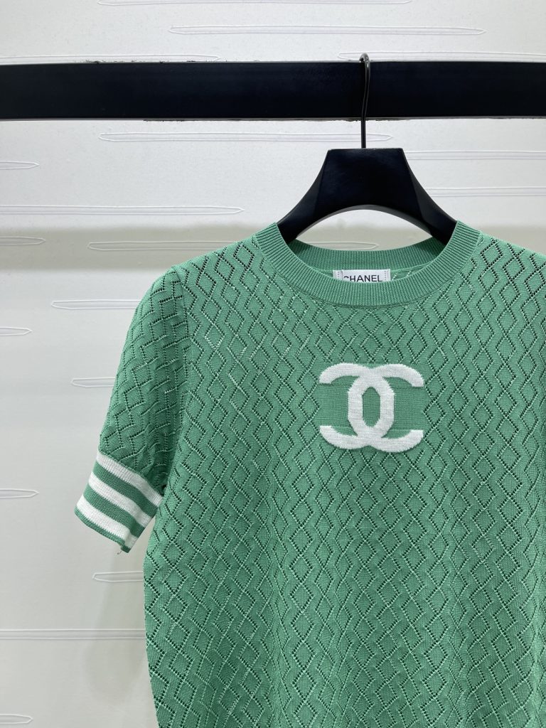 CHANEL ニット ロゴTシャツ コピー 菱格柄 半袖 緑 レディース 3色展開 - 画像 3