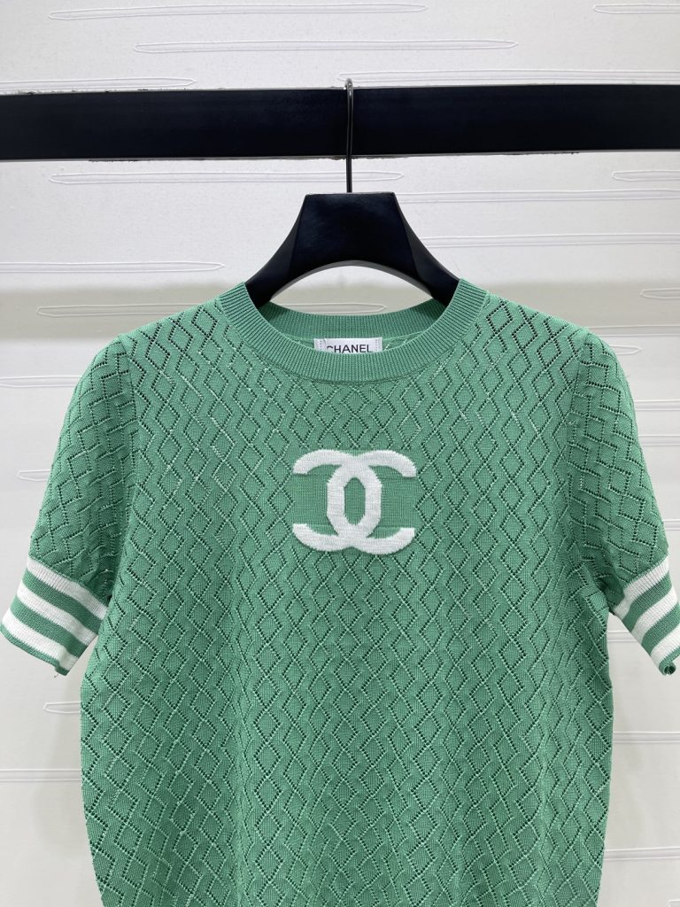 CHANEL ニット ロゴTシャツ コピー 菱格柄 半袖 緑 レディース 3色展開 - 画像 4