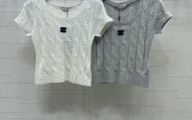 CHANEL ニット Tシャツ コピー 短袖 ロゴ チェーン柄 絞り加工 プリント シルエット ストレート 無地 シルバー ホワイト 全2色 - 画像 1