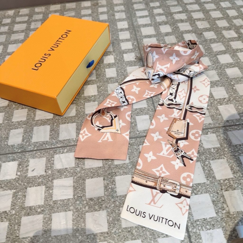 大人かわいいコーデにぴったり♪ LOUIS VUITTON ルイヴィトン バンドー ピンク ハンドル モノグラム 細長リボンスカーフ ツイリースカーフ