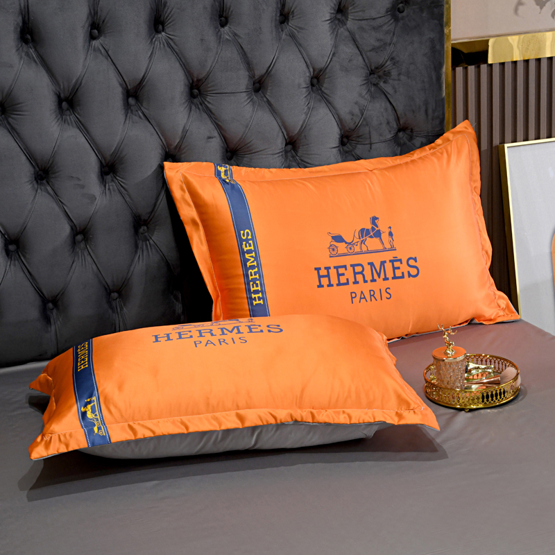 エルメス　Hermes シルクサテン掛布団カバー　寝具4点セット　掛け布団カバー　ボックスシーツ枕カバー　人気ベッド用品オレンジ　ページュ - 画像 4
