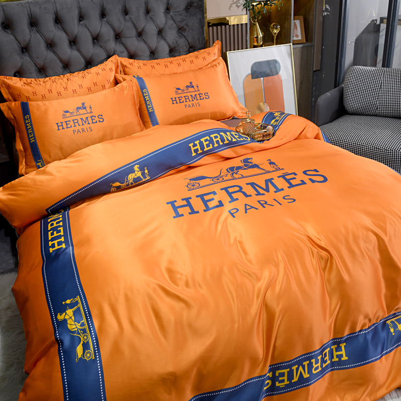 エルメス　Hermes シルクサテン掛布団カバー　寝具4点セット　掛け布団カバー　ボックスシーツ枕カバー　人気ベッド用品オレンジ　ページュ - 画像 2