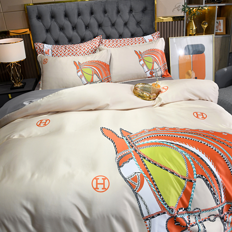 エルメス　Hermes シルクサテン掛布団カバー　寝具4点セット　掛け布団カバー　ボックスシーツ枕カバー　人気ベッド用品オレンジ　ページュ - 画像 6