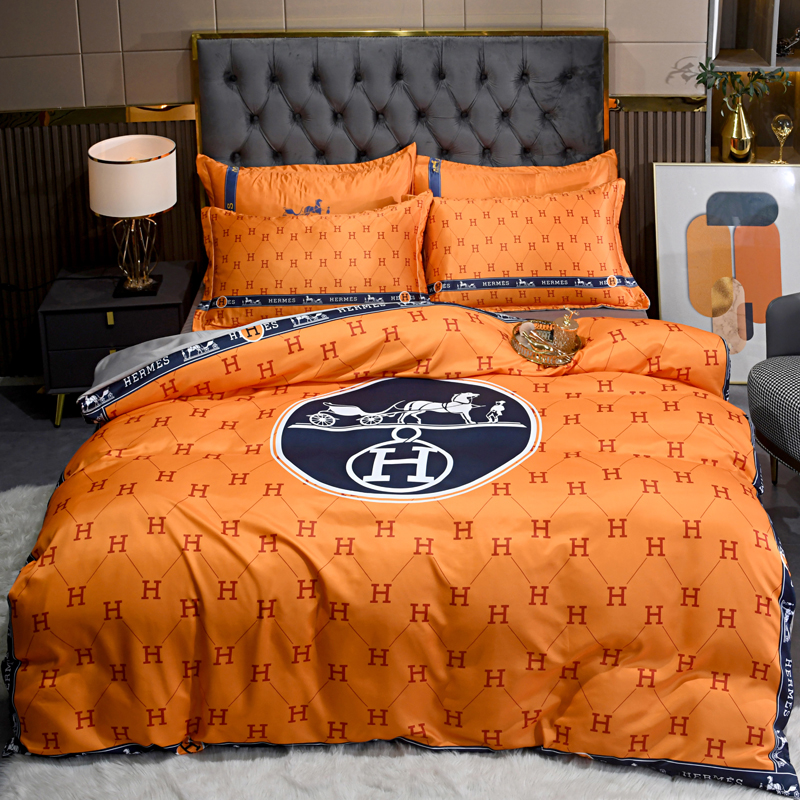 エルメス　Hermes シルクサテン掛布団カバー　寝具4点セット　掛け布団カバー　ボックスシーツ枕カバー　人気ベッド用品オレンジ　ページュ - 画像 8