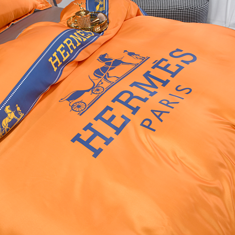 エルメス　Hermes シルクサテン掛布団カバー　寝具4点セット　掛け布団カバー　ボックスシーツ枕カバー　人気ベッド用品オレンジ　ページュ - 画像 3