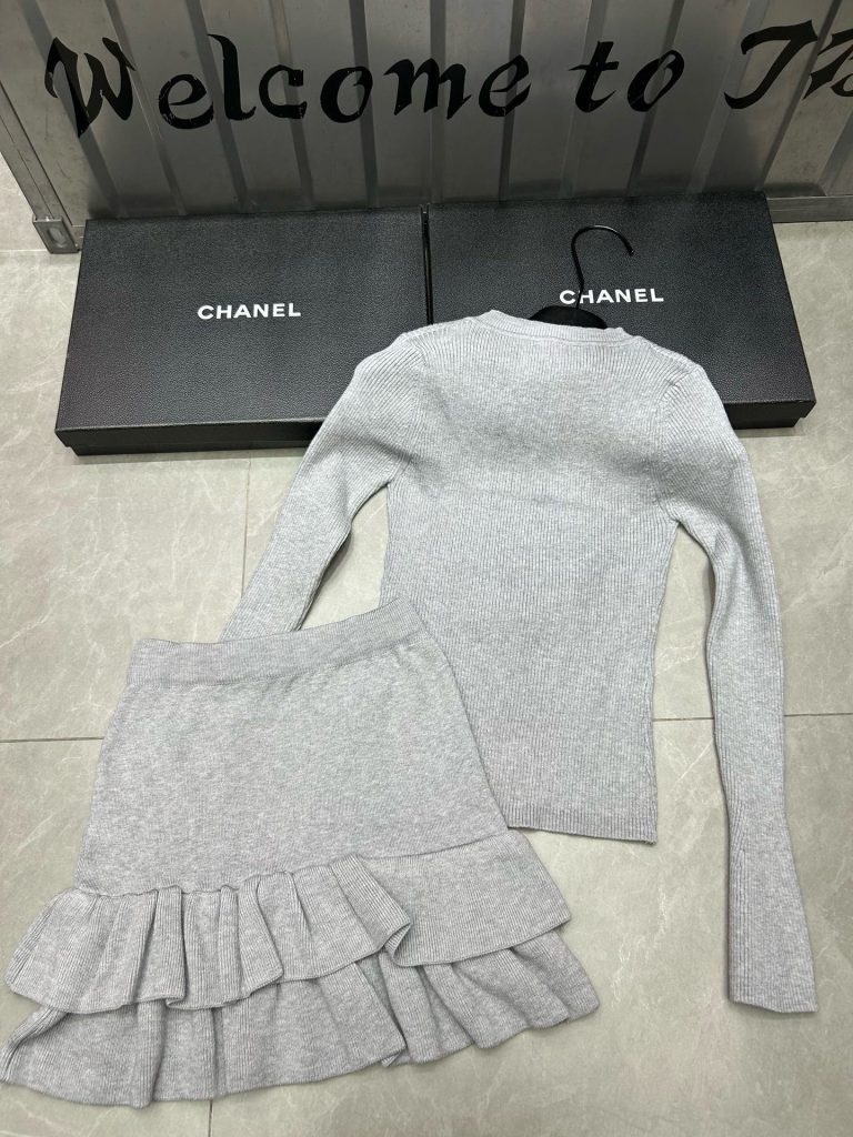 シャネル レディース ニットセット 2色 デザインスカート フリル ファッション セットアップ - 画像 3