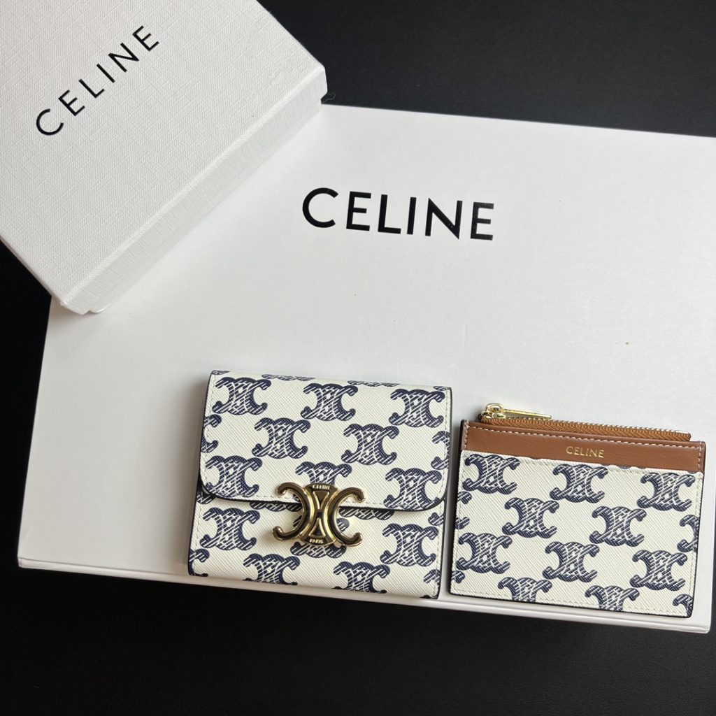 CELINE セリーヌ ウォレット ブルー×ホワイト デニム柄 2way 二つ折り 財布 4色入 - 画像 3
