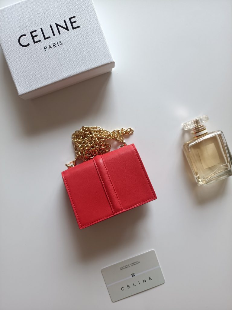 CELINE ポーチ レッド ゴールドチェーン付き 2way ミニウォレット - 画像 3