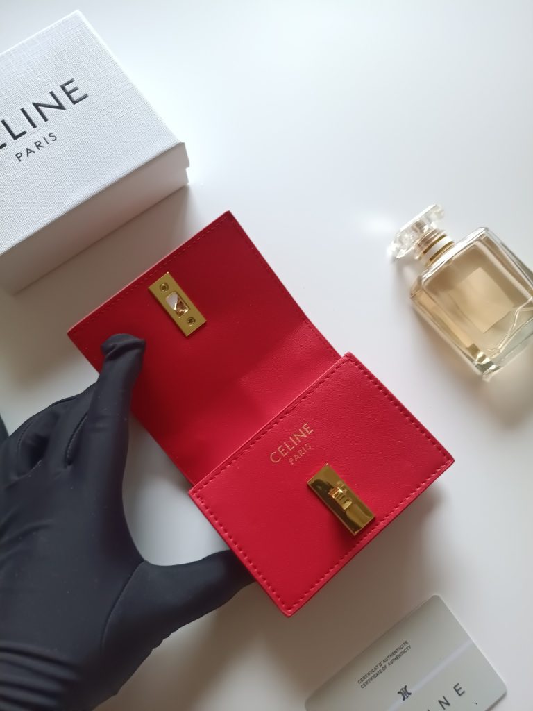 CELINE ポーチ レッド ゴールドチェーン付き 2way ミニウォレット - 画像 5