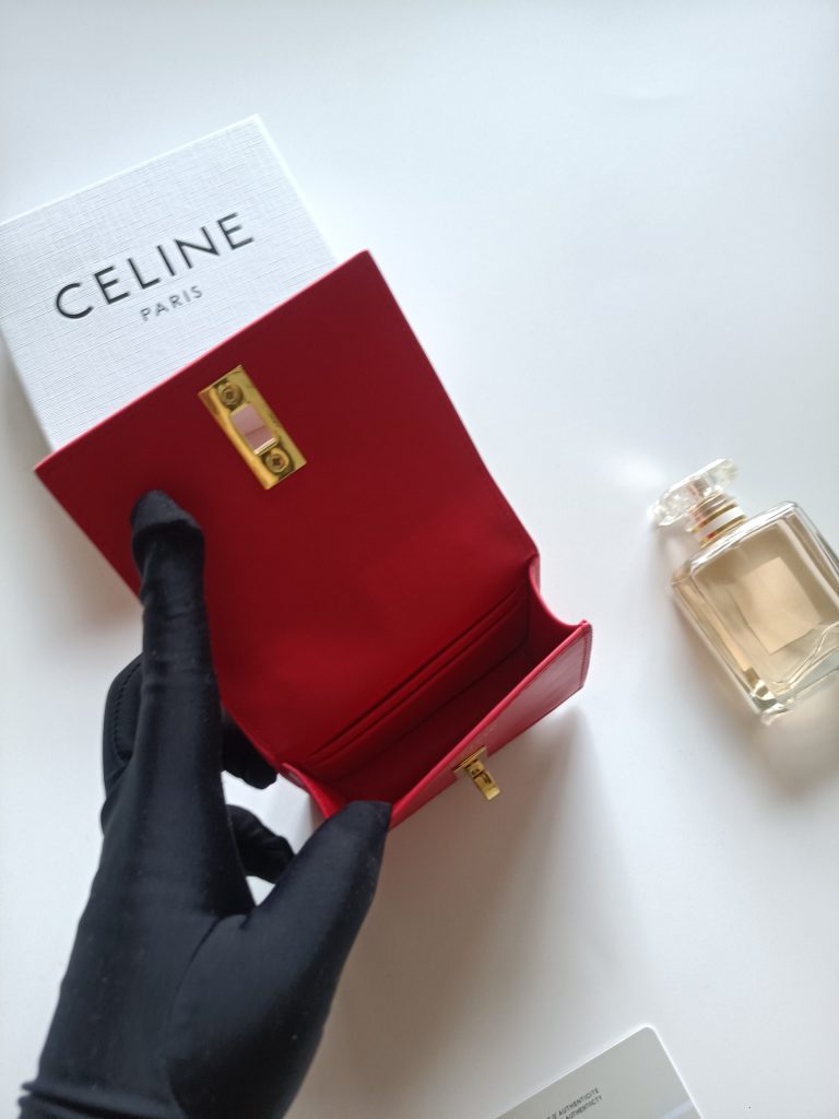 CELINE ポーチ レッド ゴールドチェーン付き 2way ミニウォレット - 画像 6