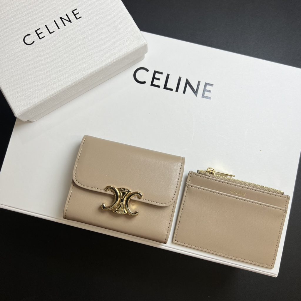 CELINE セリーヌ カードケース ベージュ 2WAY 二つ折り 財布 ゴールド金具 - 画像 3