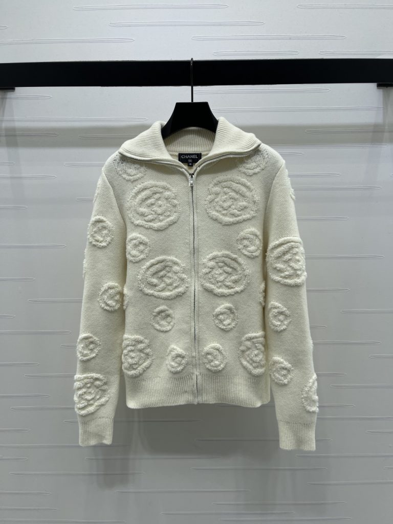 CHANEL ファスナーフード付きニットカーディガン 30%カシミア-カシミア 70%ウール ホワイト/ネイビー - 画像 2