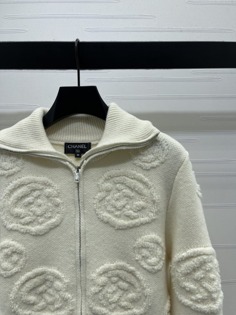 CHANEL ファスナーフード付きニットカーディガン 30%カシミア-カシミア 70%ウール ホワイト/ネイビー - 画像 3