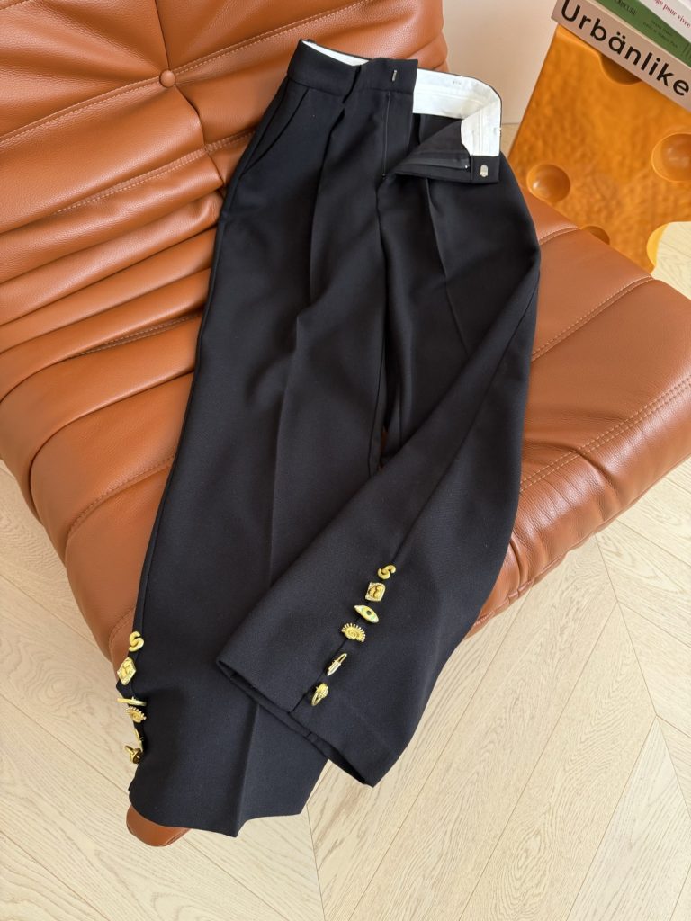 310 25 秋冬 ワークパンツ ブラック 異形金ボタン デザイン リブ リブパンツ 黒 一色三 - 画像 4