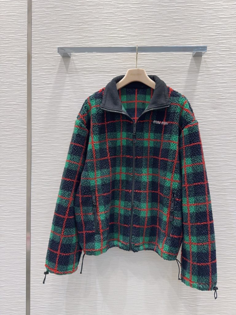 Miu Miu 2025FW フェイクファー フルジップ グレンチェック ブラック/グリーン/レッド - 画像 2