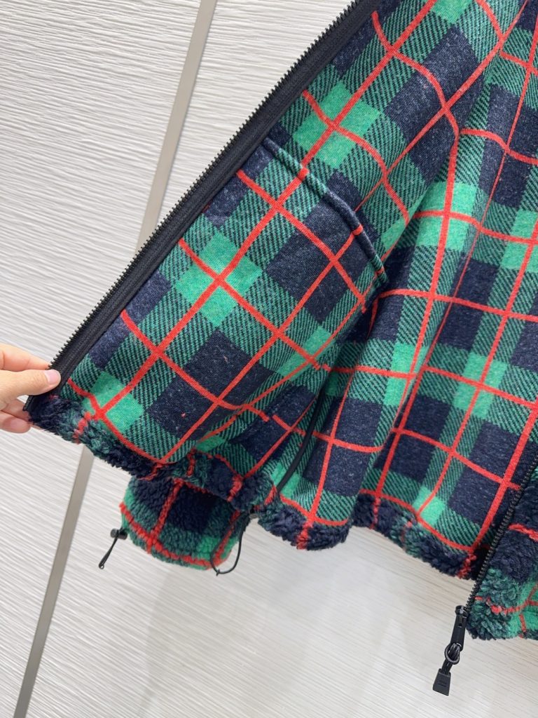 Miu Miu 2025FW フェイクファー フルジップ グレンチェック ブラック/グリーン/レッド - 画像 5
