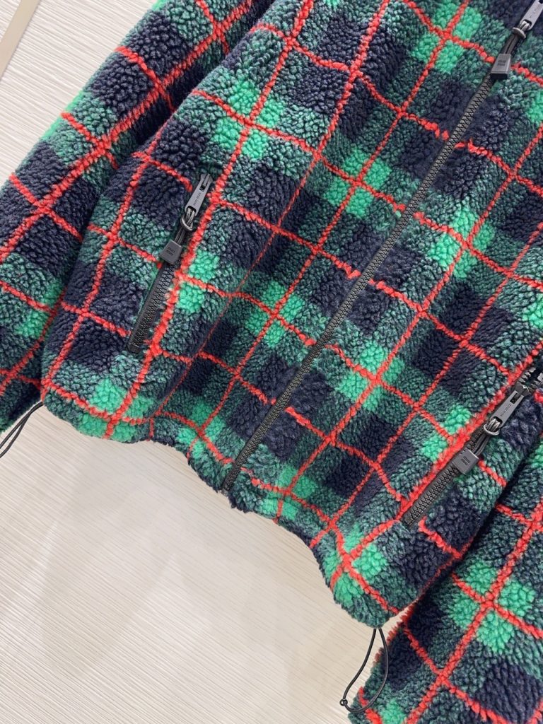 Miu Miu 2025FW フェイクファー フルジップ グレンチェック ブラック/グリーン/レッド - 画像 8