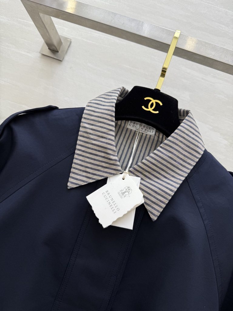 BRUNELLO CUCINELLI 440 フェイク2トーン ロングコート ストライプ襟 ブルー - 画像 2
