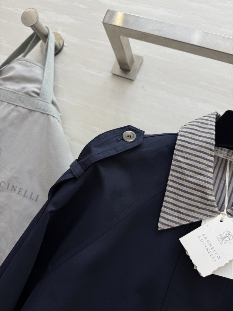 BRUNELLO CUCINELLI 440 フェイク2トーン ロングコート ストライプ襟 ブルー - 画像 4