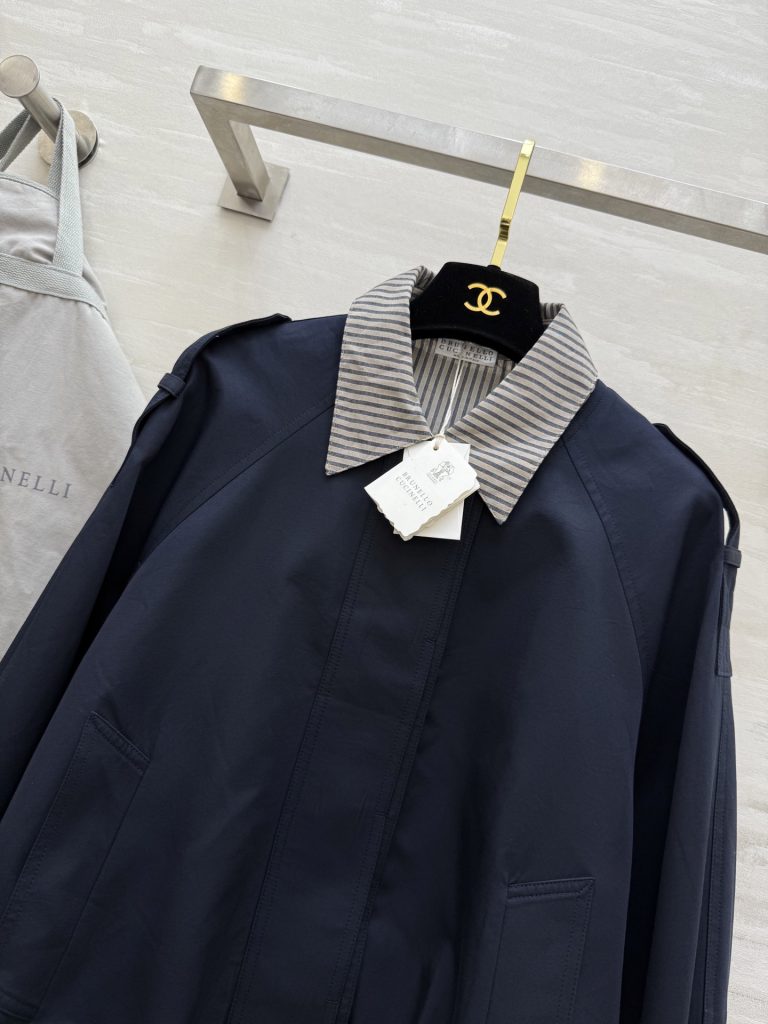 BRUNELLO CUCINELLI 440 フェイク2トーン ロングコート ストライプ襟 ブルー - 画像 7