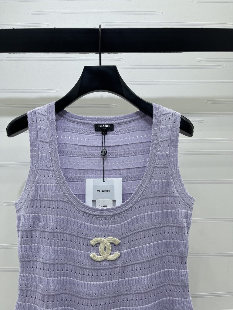 CHANEL シャネル サイドスリット ベストドレス レディース 丸首 ダブルCロゴ 綿混 パープル ブラック グレー 全3色 - 画像 3