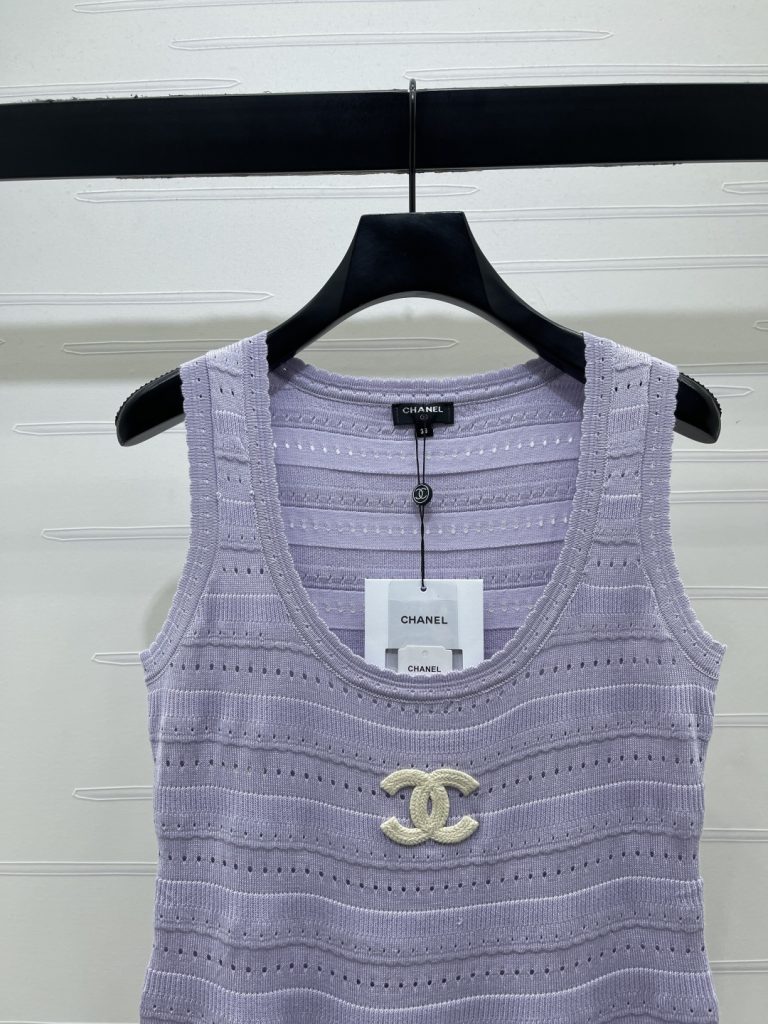 CHANEL シャネル サイドスリット ベストドレス レディース 丸首 ダブルCロゴ 綿混 パープル ブラック グレー 全3色 - 画像 4