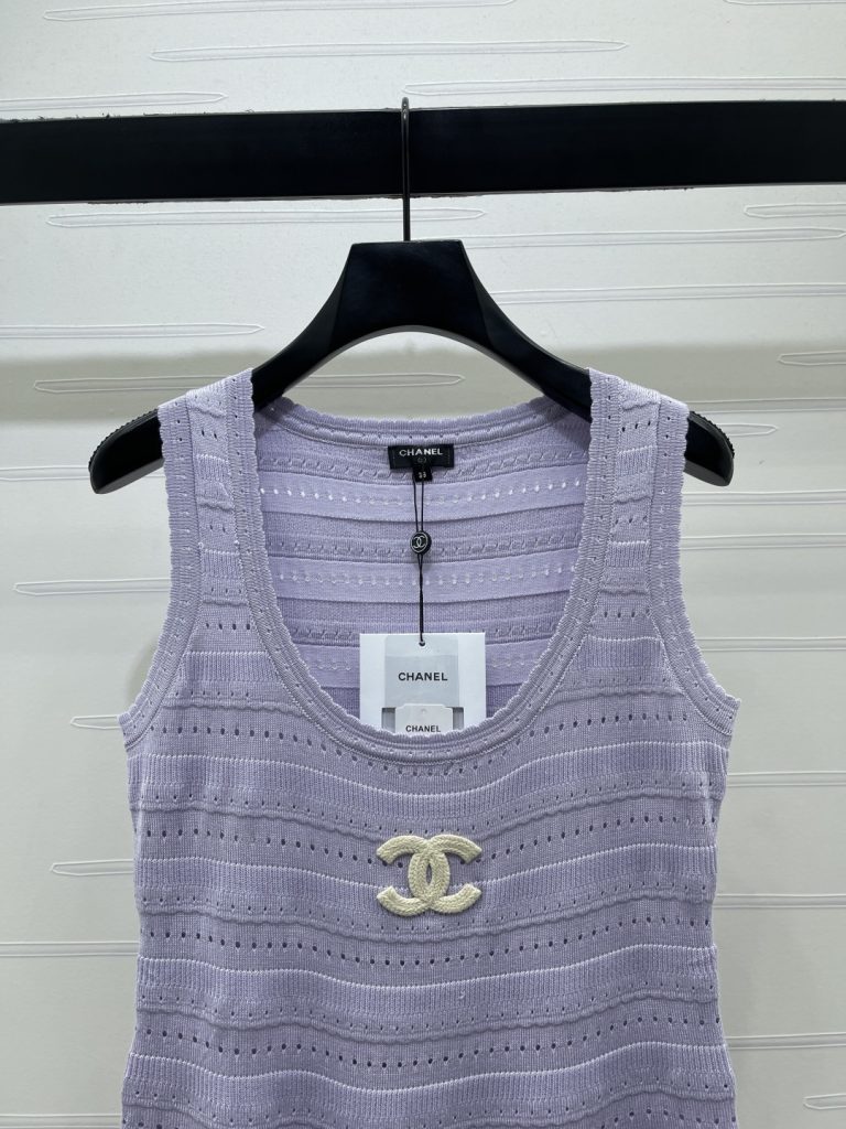 CHANEL シャネル サイドスリット ベストドレス レディース 丸首 ダブルCロゴ 綿混 パープル ブラック グレー 全3色 - 画像 5