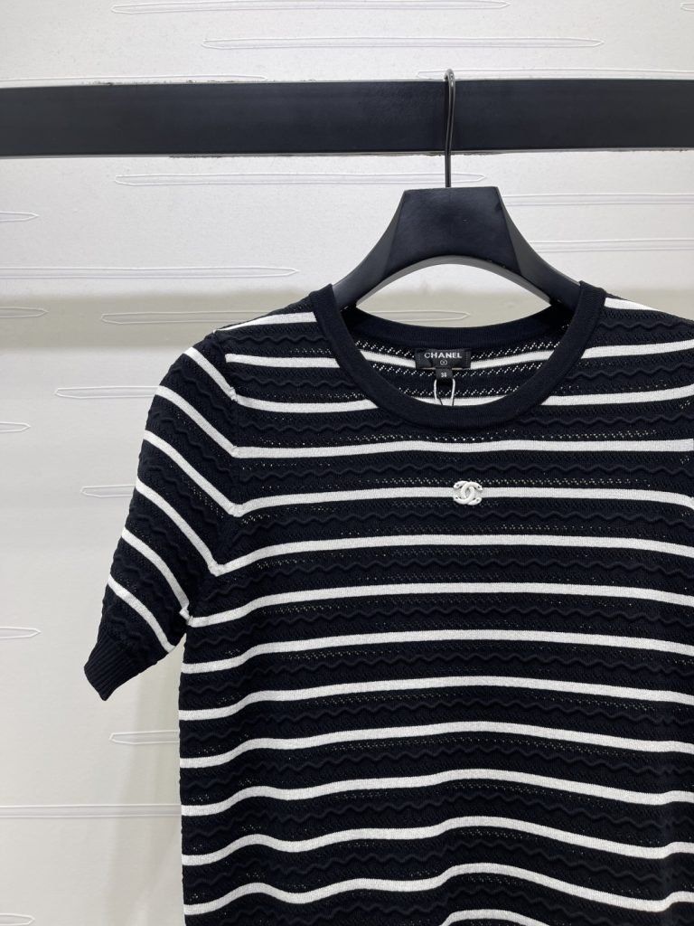 CHANEL シャネル ニット Tシャツ レディース ロング丈 リブ デザイン ブラック ホワイト - 画像 3