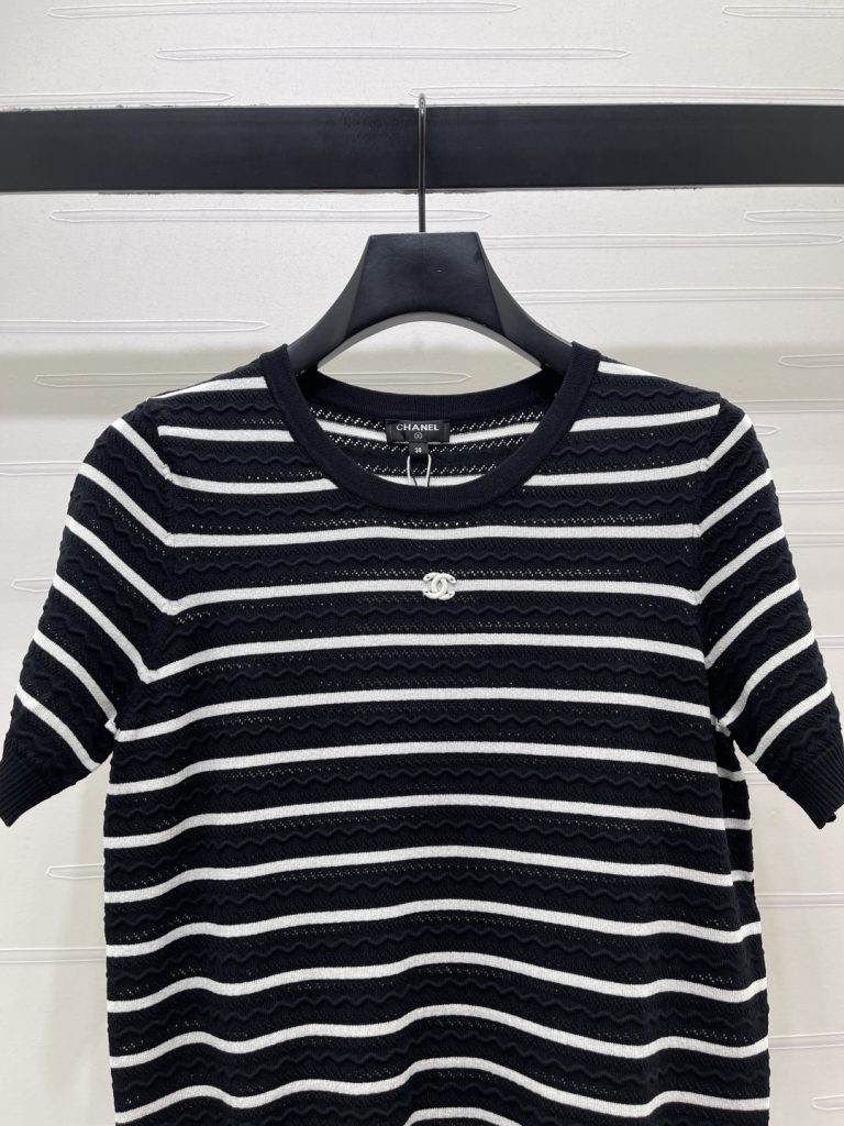 CHANEL シャネル ニット Tシャツ レディース ロング丈 リブ デザイン ブラック ホワイト - 画像 4