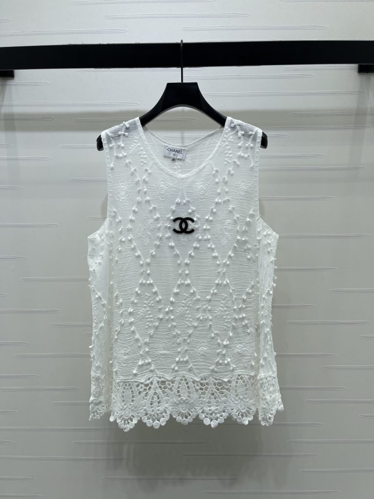 CHANEL シャネル ニット レディース レース バックレス サイドスリット 胸元ロゴ ホワイト 2色展開 - 画像 2