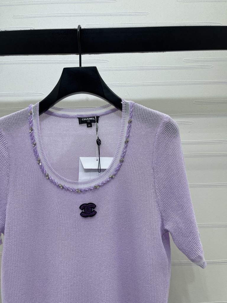 CHANEL シャネル ニット Tシャツ レディース Uネック 水玉刺繍 シルク混 紫 - 画像 2