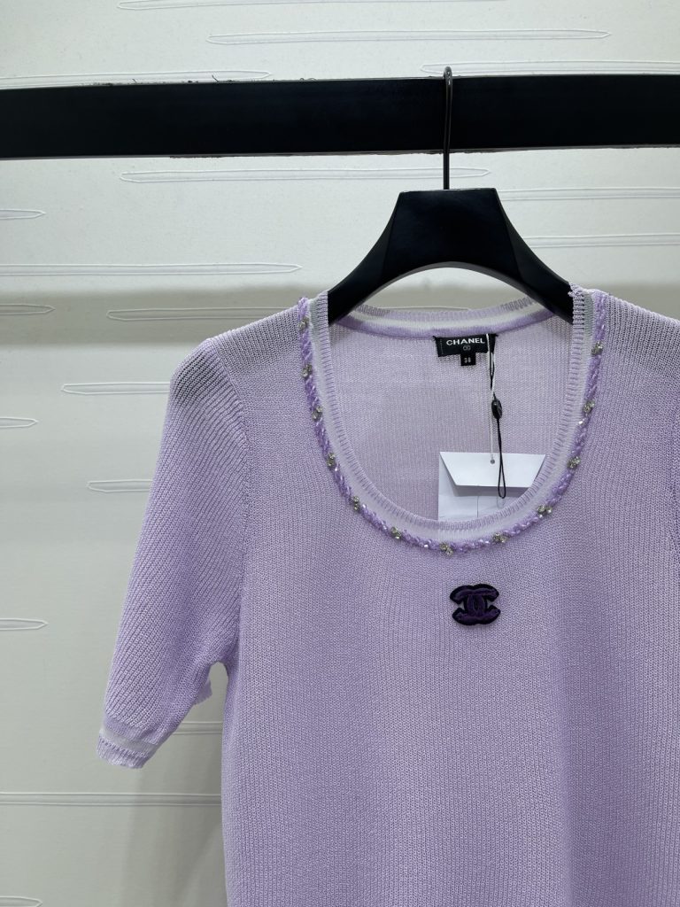 CHANEL シャネル ニット Tシャツ レディース Uネック 水玉刺繍 シルク混 紫 - 画像 3