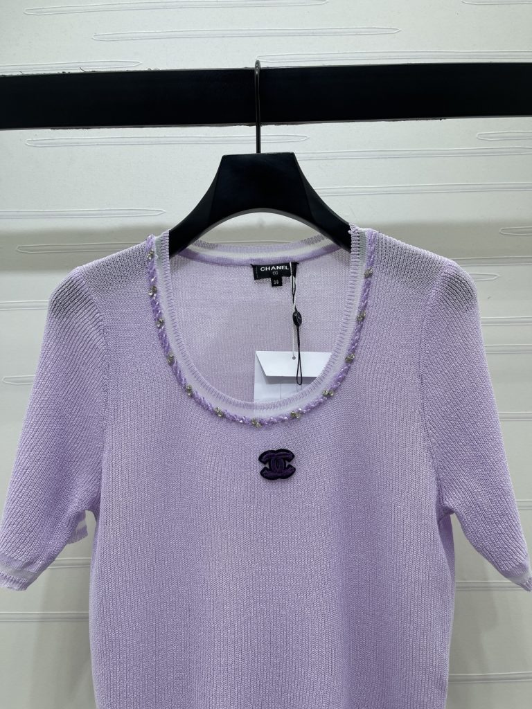 CHANEL シャネル ニット Tシャツ レディース Uネック 水玉刺繍 シルク混 紫 - 画像 4