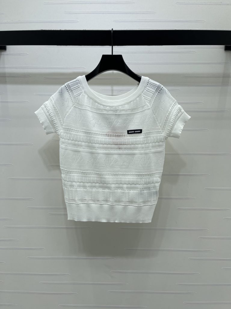 MiuMi ミューミー ニット Tシャツ レディース ロング丈 レース風デザイン レース風 ホワイト グレー - 画像 2