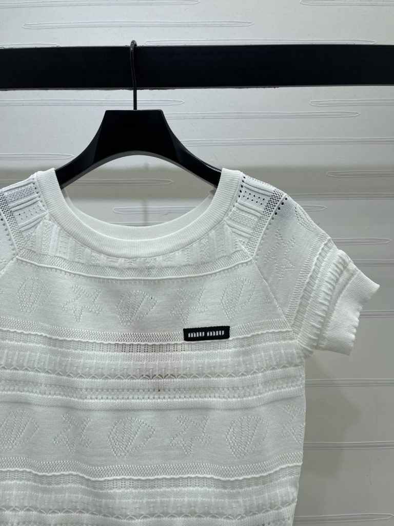 MiuMi ミューミー ニット Tシャツ レディース ロング丈 レース風デザイン レース風 ホワイト グレー - 画像 3