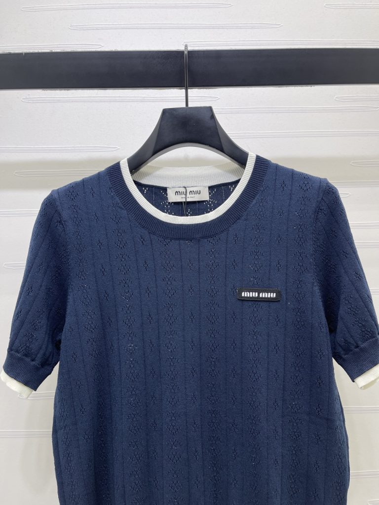 MIU MIU ミウミウ ニット Tシャツ レディース 假两件 ロング丈 ナチュラル素材 ブルー - 画像 4