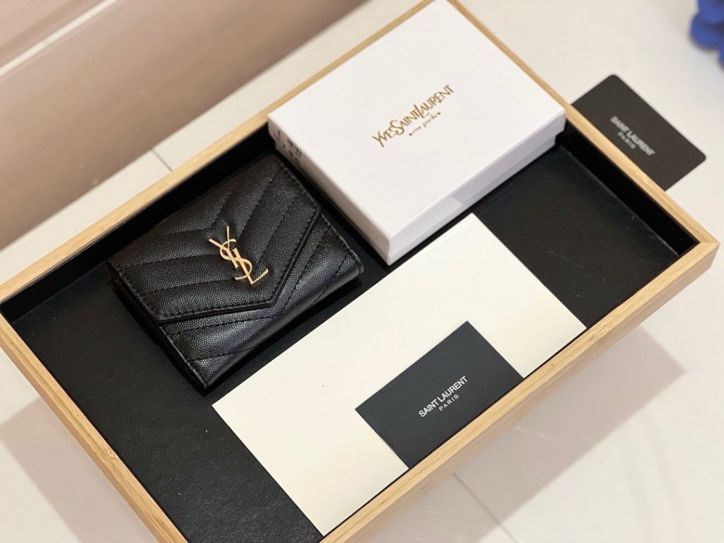YSL セントローレン 7203 折り財布 魚子柄 本革 ファスナー 黒 枣紅 - 画像 2