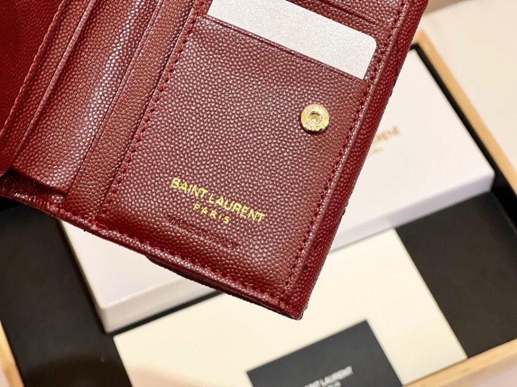 YSL セントローレン 7203 折り財布 魚子柄 本革 ファスナー 黒 枣紅 - 画像 4