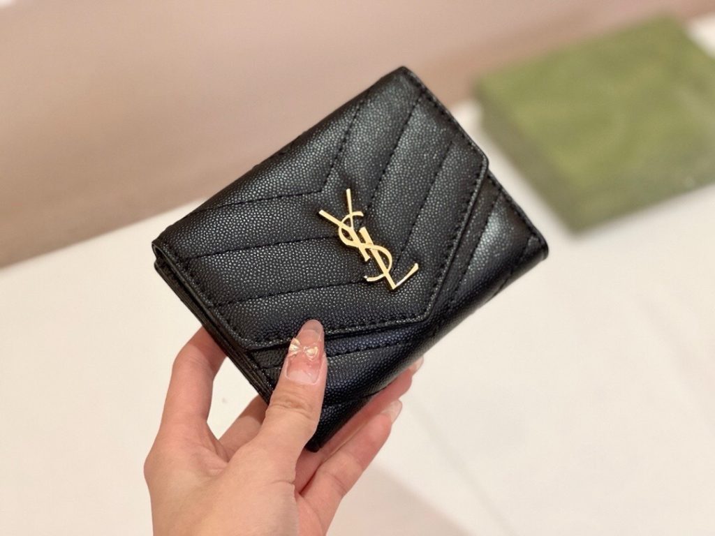 YSL セントローレン 7203 折り財布 魚子柄 本革 ファスナー 黒 枣紅 - 画像 5