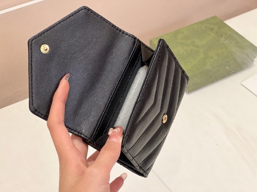YSL セントローレン 7203 折り財布 魚子柄 本革 ファスナー 黒 枣紅 - 画像 6